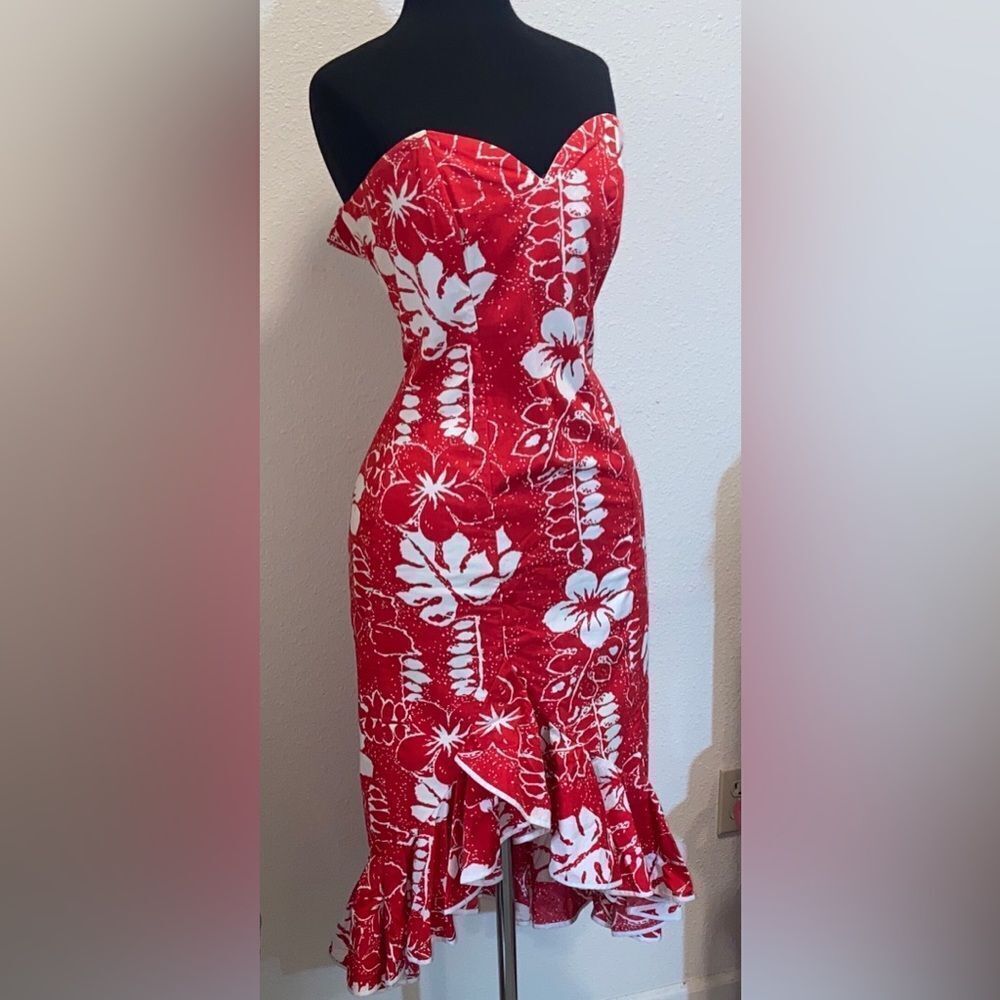 VTG, Handmade Retro Vibrant Strapless Red Floral Dress Size Appropriate XS